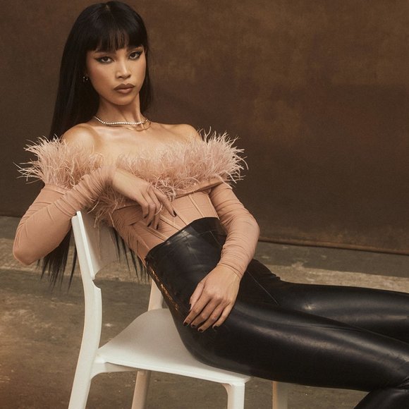 House of CB Tops - HOUSE OF CB 'Faith' Blush Off The Shoulder Feather Bodysuit NWOT